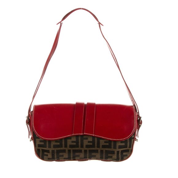FENDI Vintage Red-Leather Trimmed Zucca Baguette Retail 4500 - Picture 4 of 11